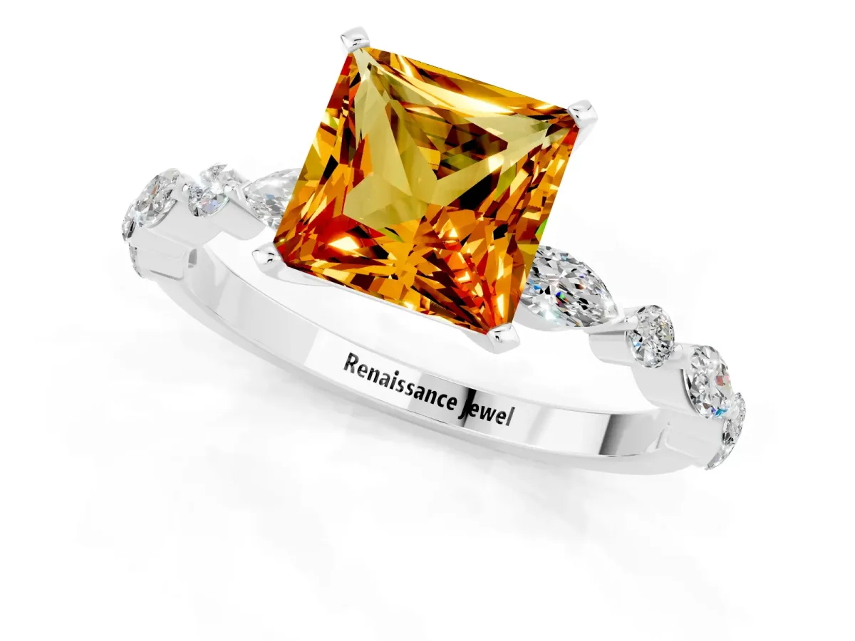 Princess Cut Citrine Ring with Marquise and Round Side Stones and Four-Prong Setting Platinum