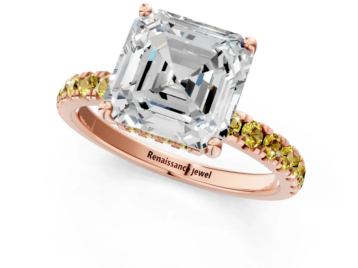 Asscher Cut Diamond Pave Band Solitaire Ring with Round Yellow Sapphire and Prong Setting Rose gold