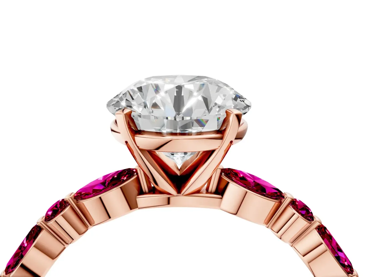 Round Cut Diamond Ring with Marquise and Round Garnet Side Stones and Four-Prong Setting Rose gold