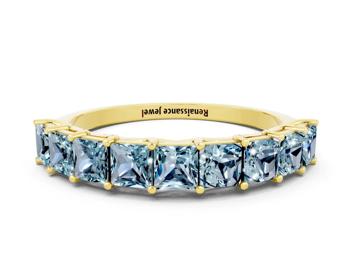 Princess Cut Aquamarine Channel-Set Eternity Band with Prong Setting Yellow gold