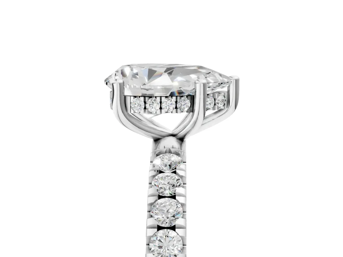 Pear Cut Diamond Pave Band Solitaire Ring with Round Moissanite and Prong Setting Platinum