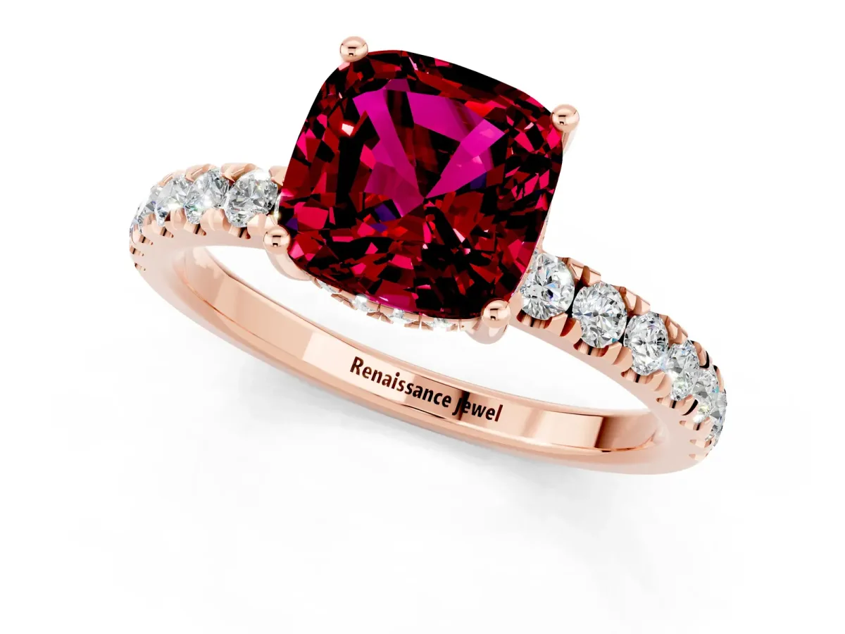 Cushion Cut Garnet Pave Band Solitaire Ring with Round and Prong Setting Rose gold