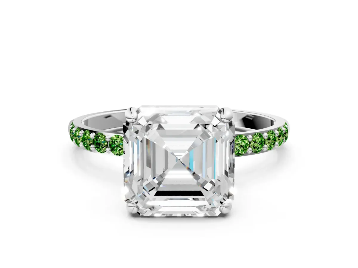 Asscher Cut Diamond Solitaire Ring with Round Peridot Pavé Band and Prong Setting White gold