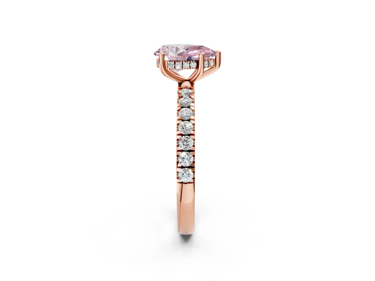 Fancy Pink Pear Cut Diamond Pave Band Solitaire Ring with Round and Prong Setting Rose gold
