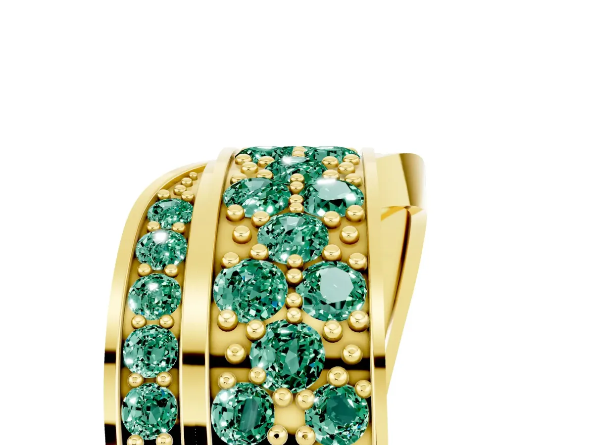 Pavé Round Green Sapphire Crossover Band with Bead Prong Setting Yellow gold