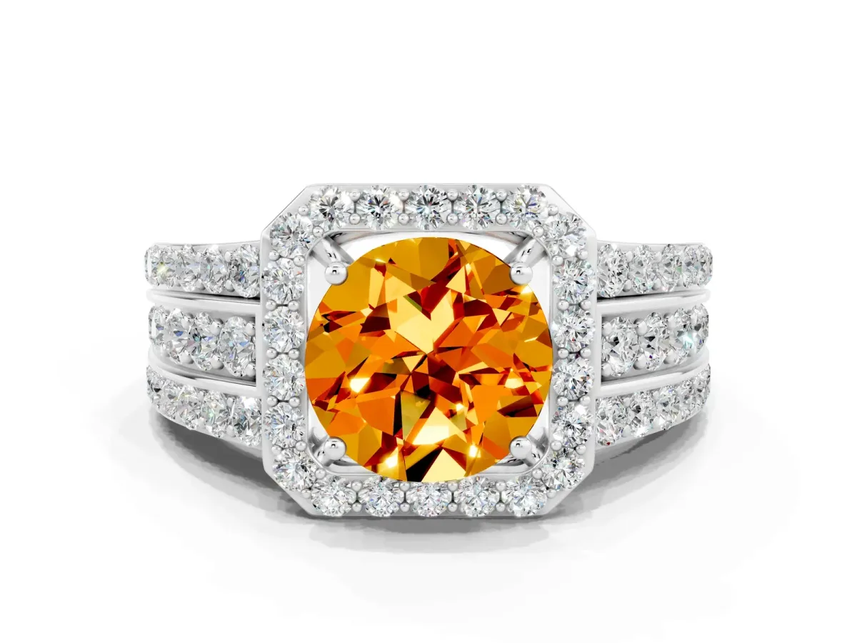 Round Cut Halo Citrine Ring with Round Split Shank and Prong Setting Silver