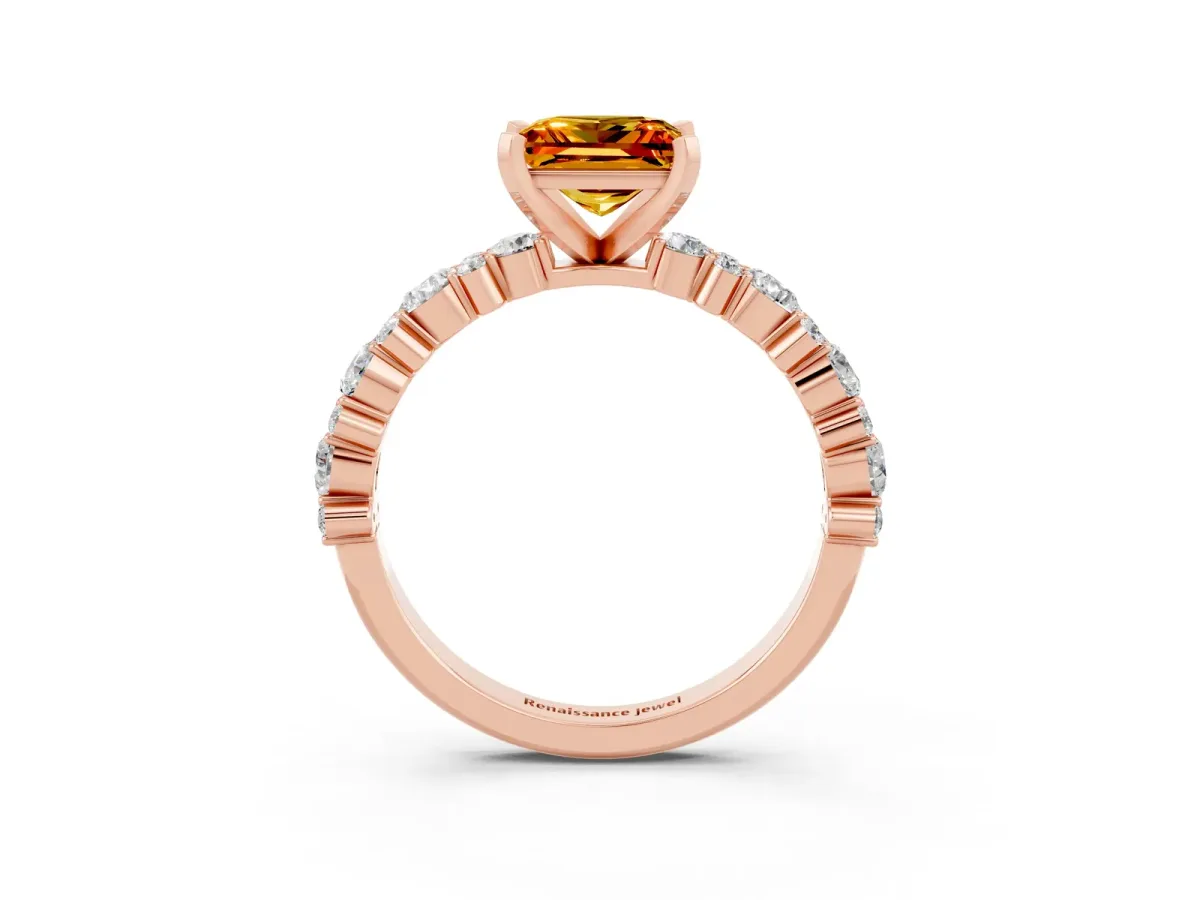 Princess Cut Citrine Side Stone Solitaire Ring with Round and Four-Prong Setting Rose gold