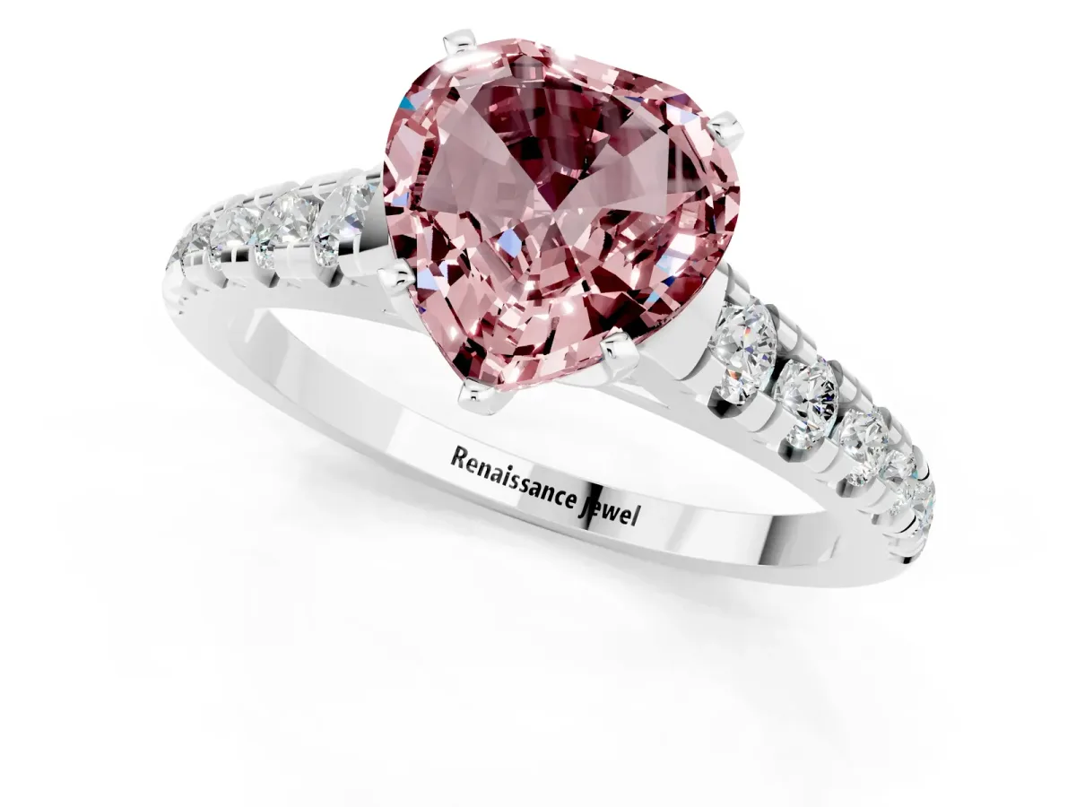 Heart Cut Morganite Cathedral Solitaire Ring with Round Pavé Band Silver