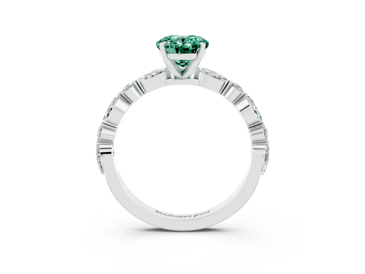 Oval Cut Green Sapphire Ring with Marquise and Round Side Stones and Four-Prong Setting Silver