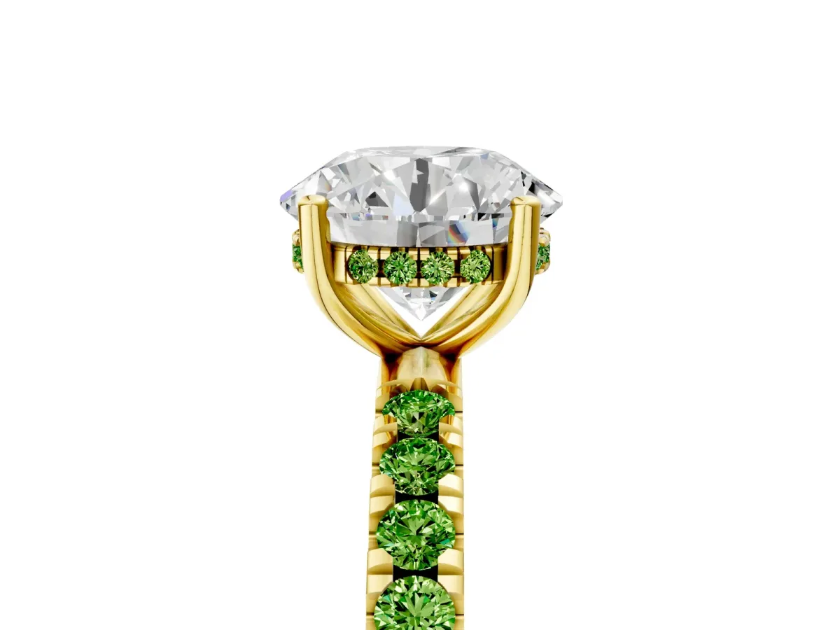Round Cut Diamond Pave Band Solitaire Ring with Round Peridot and Prong Setting Yellow gold