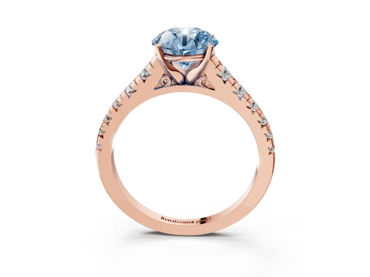 Fancy Blue Round Cut Diamond Cathedral Solitaire Ring with Round Pavé Band Rose gold
