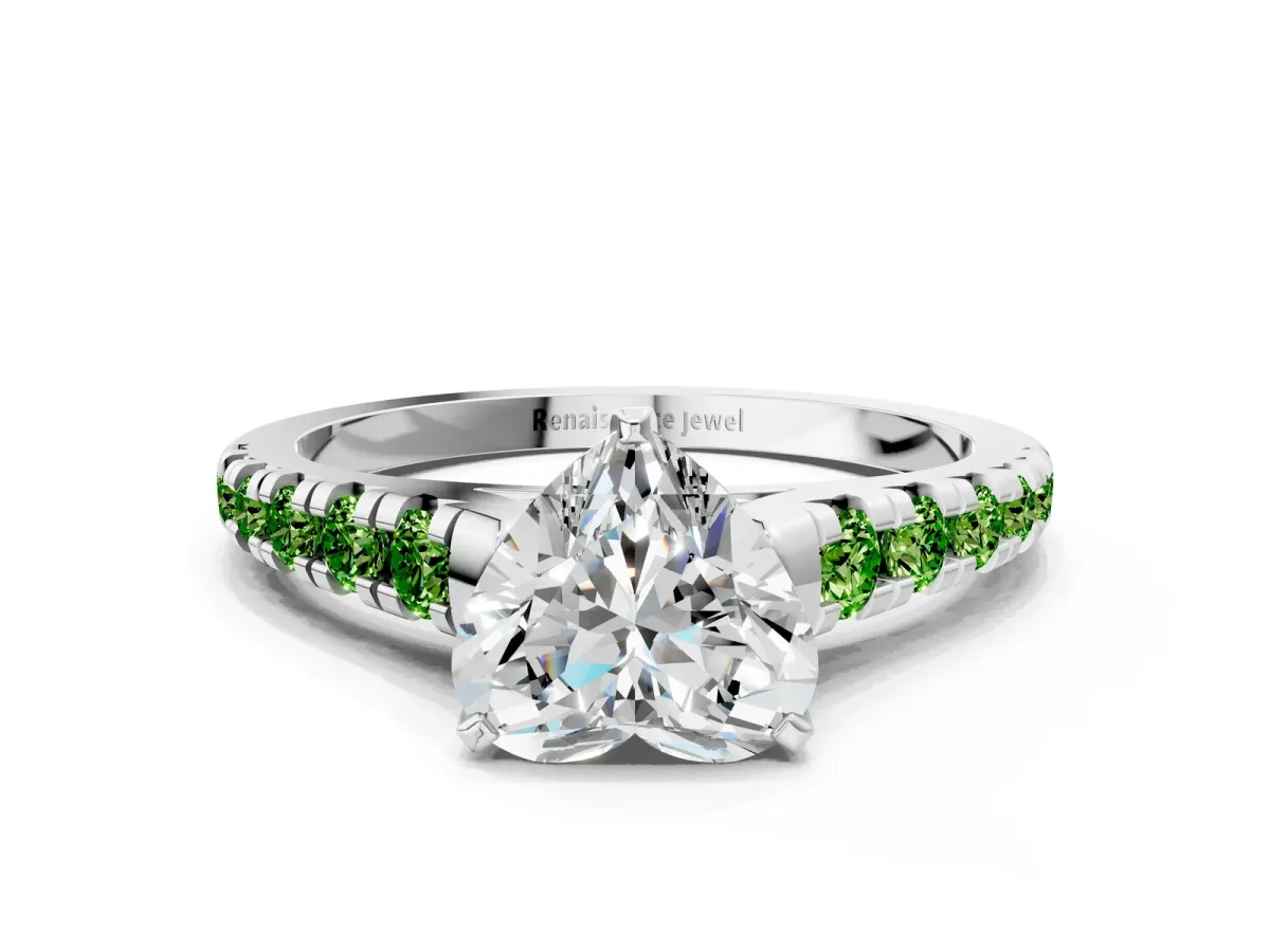 Heart Cut Diamond Cathedral Solitaire Ring with Round Peridot Pavé Band Silver