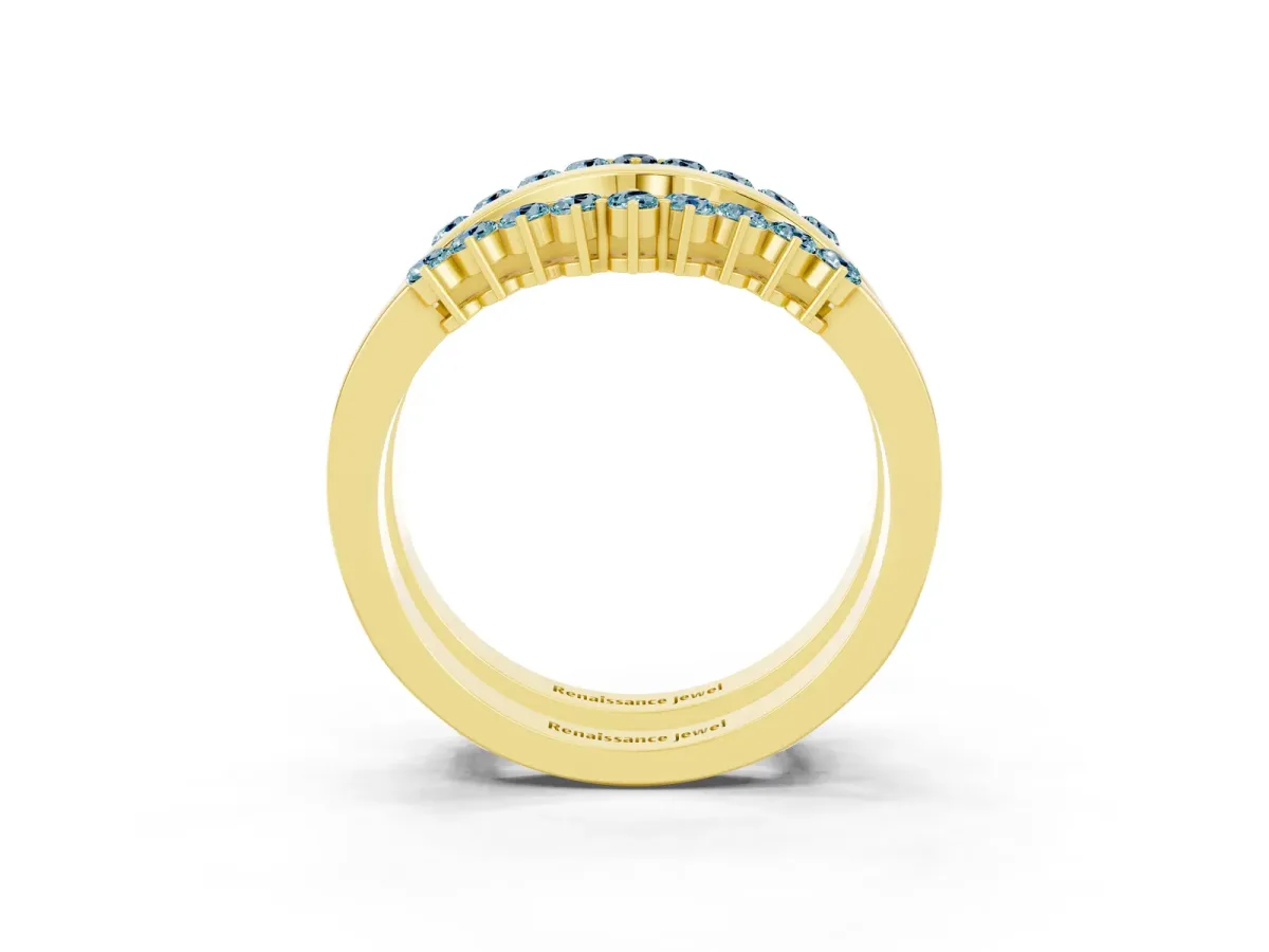 Round Aquamarine Chevron Contour Band with Prong Setting Yellow gold