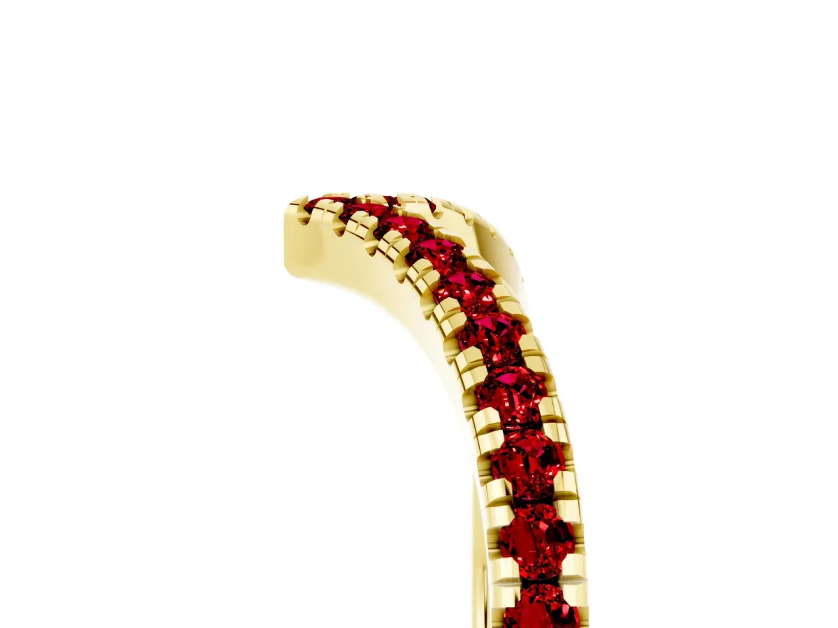 Pavé Round Ruby V-Shaped Chevron Band with Shared Prong Setting Yellow gold