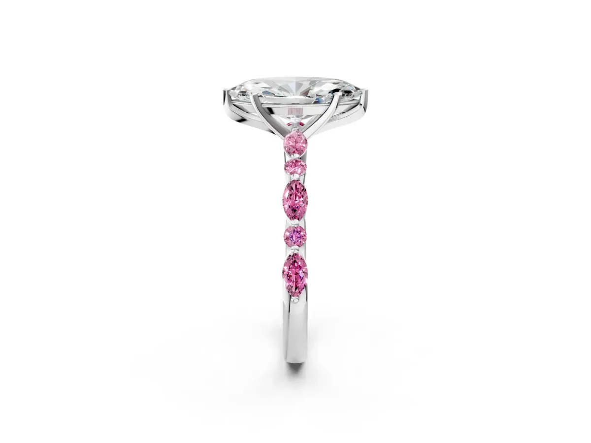 Marquise Cut Diamond Ring with Marquise and Round Pink Sapphire Side Stones and Four-Prong Setting Silver