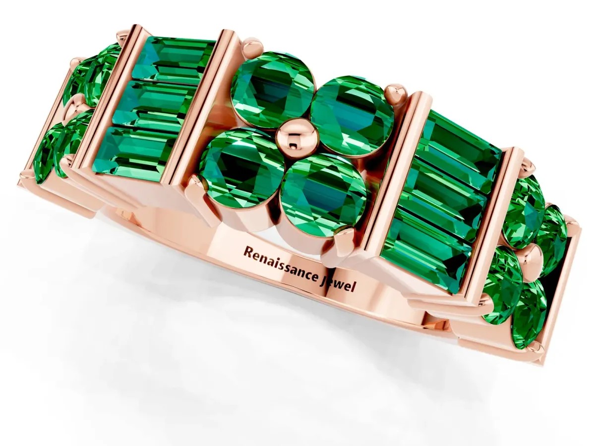 Channel Set Round and Baguette Emerald Anniversary Band with Prong Setting Rose gold