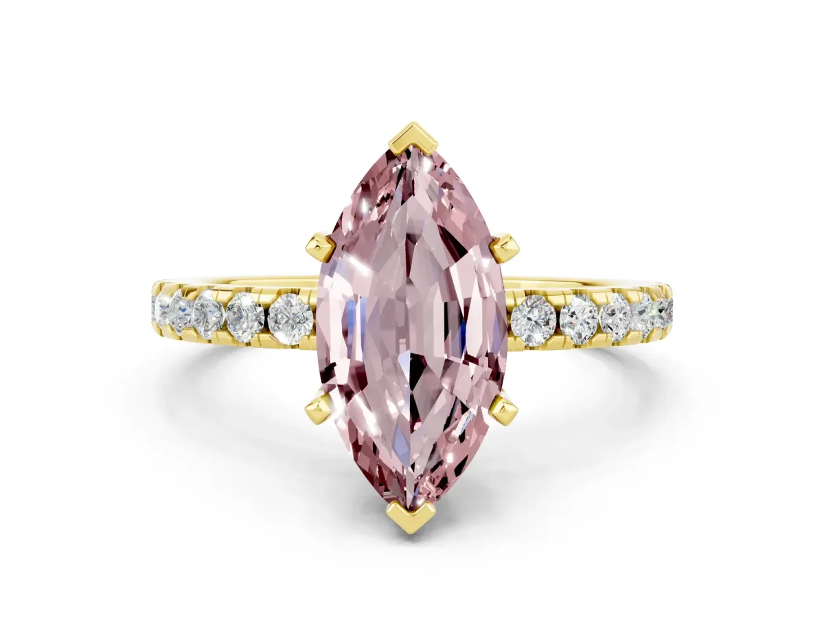 Marquise Cut Morganite Solitaire Ring with Round Pavé Band and Four-Prong Setting Yellow gold