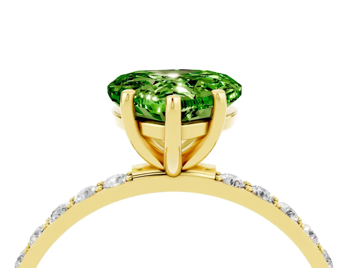Heart Cut Peridot Solitaire Ring with Round Pavé Band and Prong Setting Yellow gold