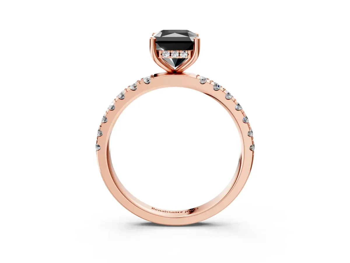 Fancy Black Radiant Cut Diamond Pave Band Solitaire Ring with Round and Prong Setting Rose gold