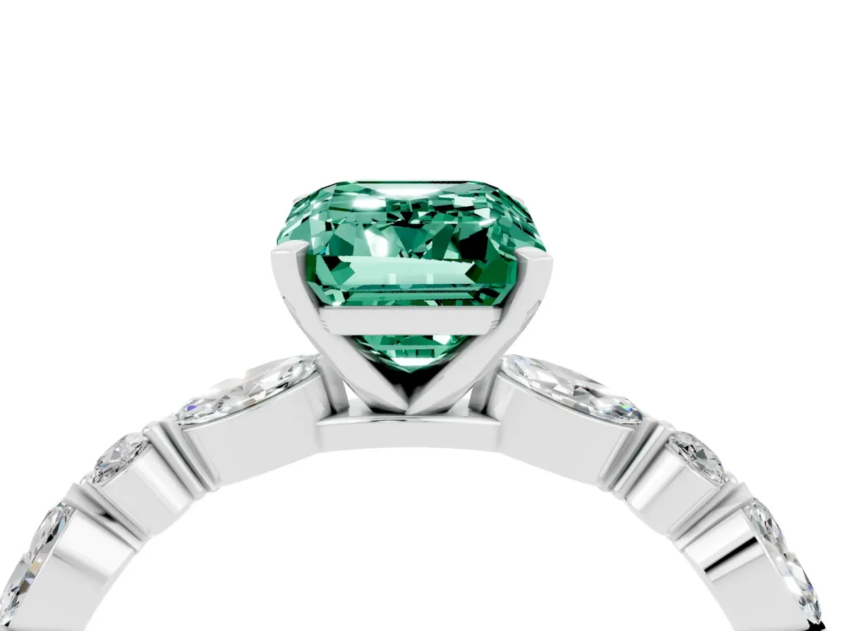 Emerald Cut Green Sapphire Ring with Marquise and Round Side Stones and Four-Prong Setting Platinum