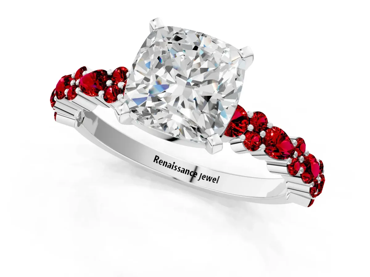 Cushion Cut Diamond Side Stone Solitaire Ring with Round Ruby and Four-Prong Setting Silver