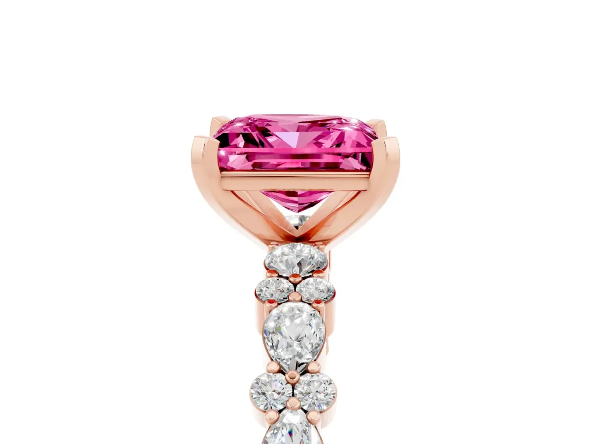Princess Cut Pink Sapphire Side Stone Solitaire Ring with Round and Four-Prong Setting Rose gold