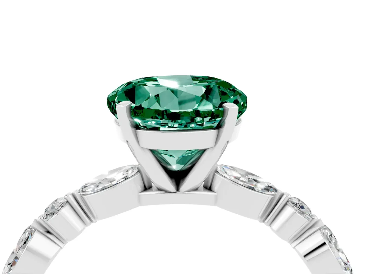 Round Cut Green Sapphire Ring with Marquise and Round Side Stones and Four-Prong Setting Silver
