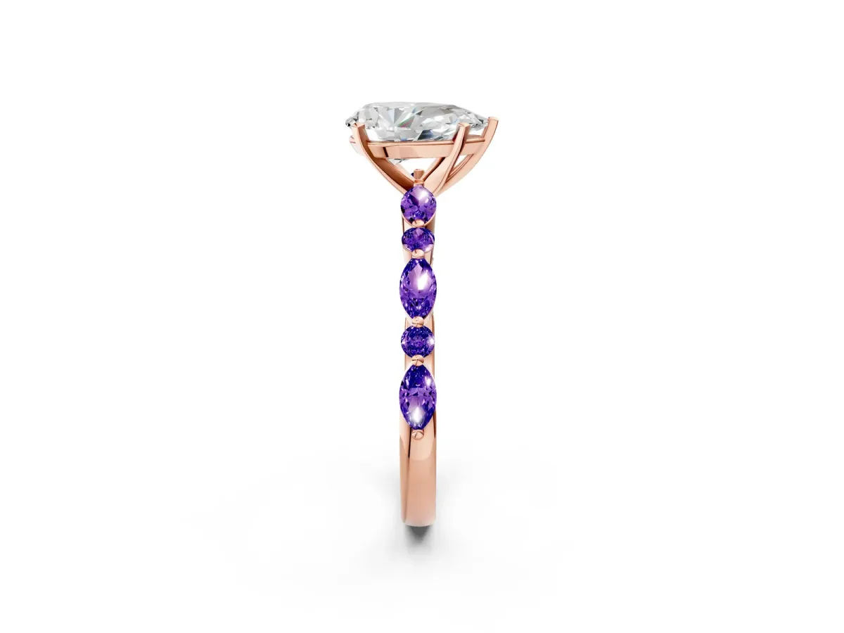 Pear Cut Diamond Ring with Marquise and Round Tanzanite Side Stones and Four-Prong Setting Rose gold