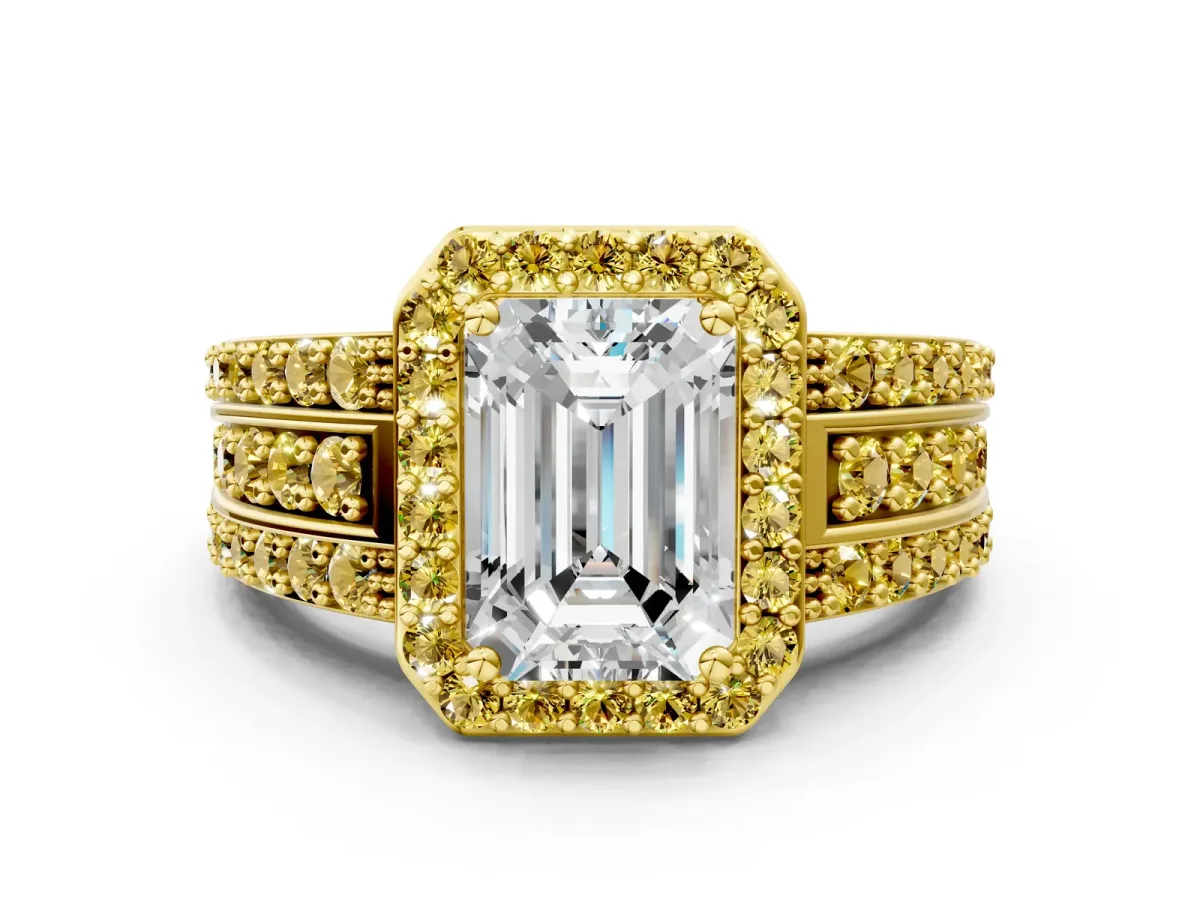 Emerald Cut Halo Diamond Ring with Round Yellow Sapphire Split Shank and Prong Setting Yellow gold