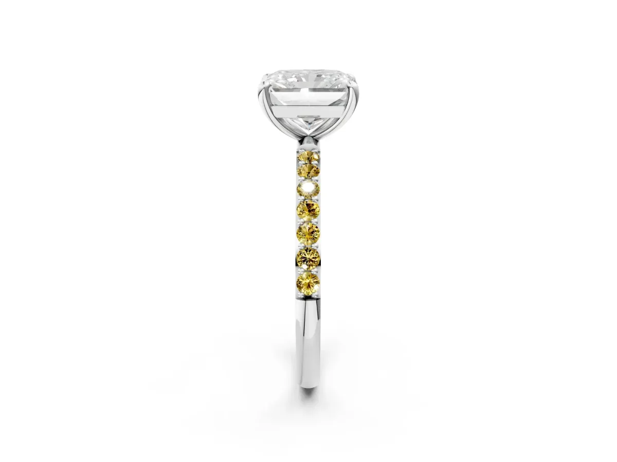 Radiant Cut Diamond Solitaire Ring with Round Yellow Sapphire Pavé Band and Prong Setting Silver