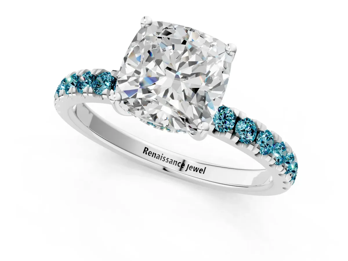 Cushion Cut Diamond Pave Band Solitaire Ring with Round Blue Topaz and Prong Setting Platinum