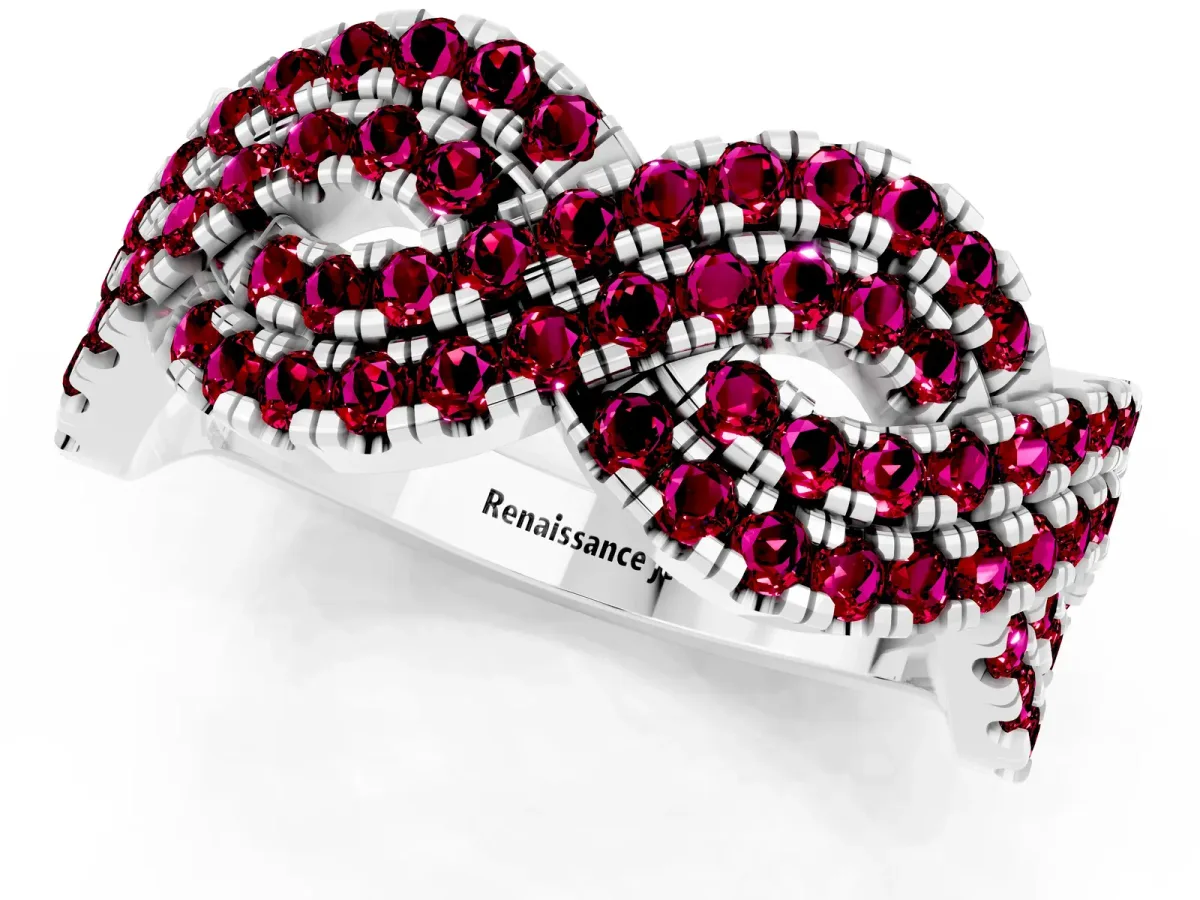 Pavé Round Garnet Infinity Twist Band with Shared Prong Setting Platinum