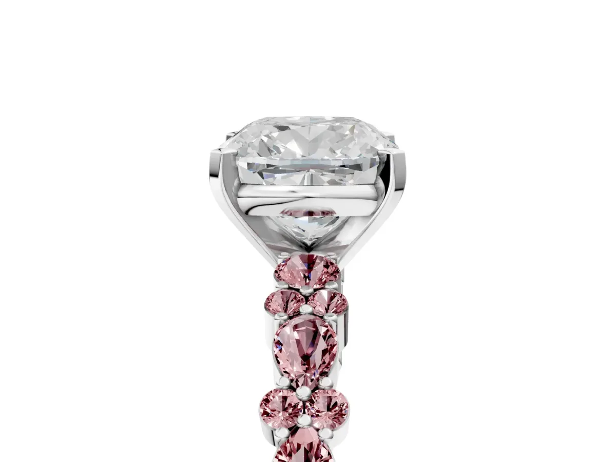 Cushion Cut Diamond Side Stone Solitaire Ring with Round Morganite and Four-Prong Setting Silver