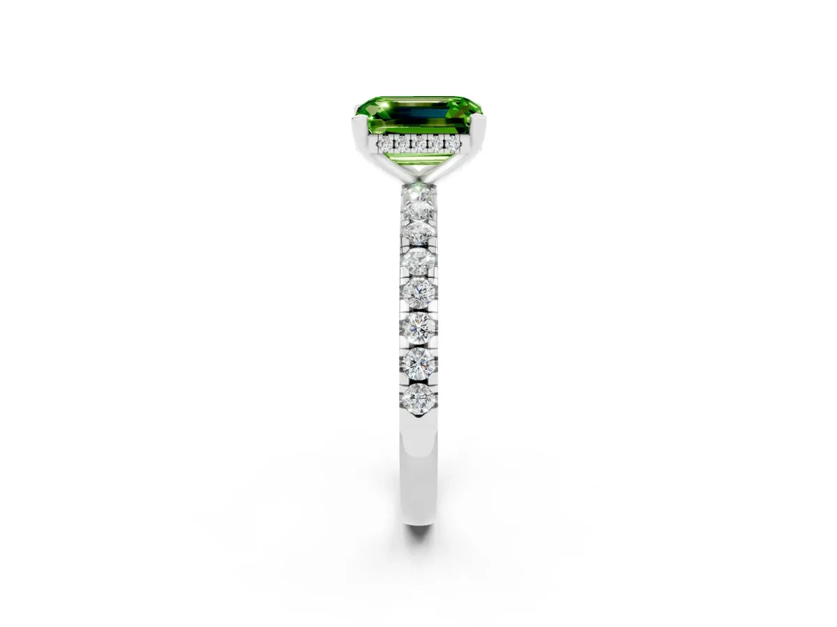 Emerald Cut Peridot Solitaire Ring with Round Pavé Band and Four-Prong Setting Platinum