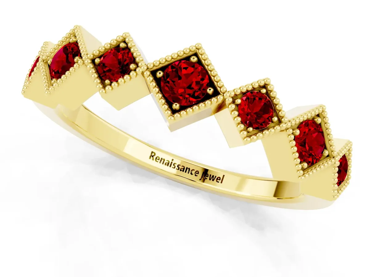 Milgrain Square Bezel Round Ruby Chevron Band Yellow gold