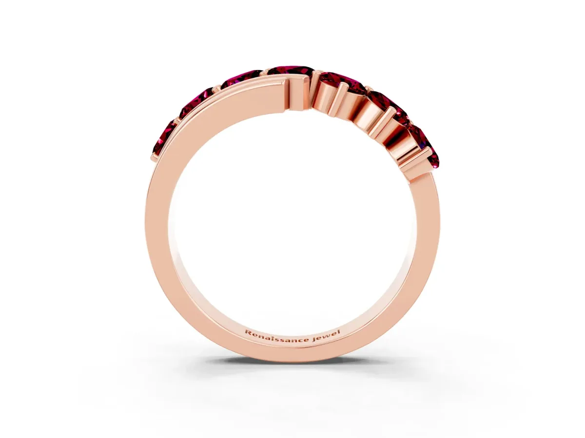 Round Garnet Wave Band with Channel and Shared Prong Setting Rose gold