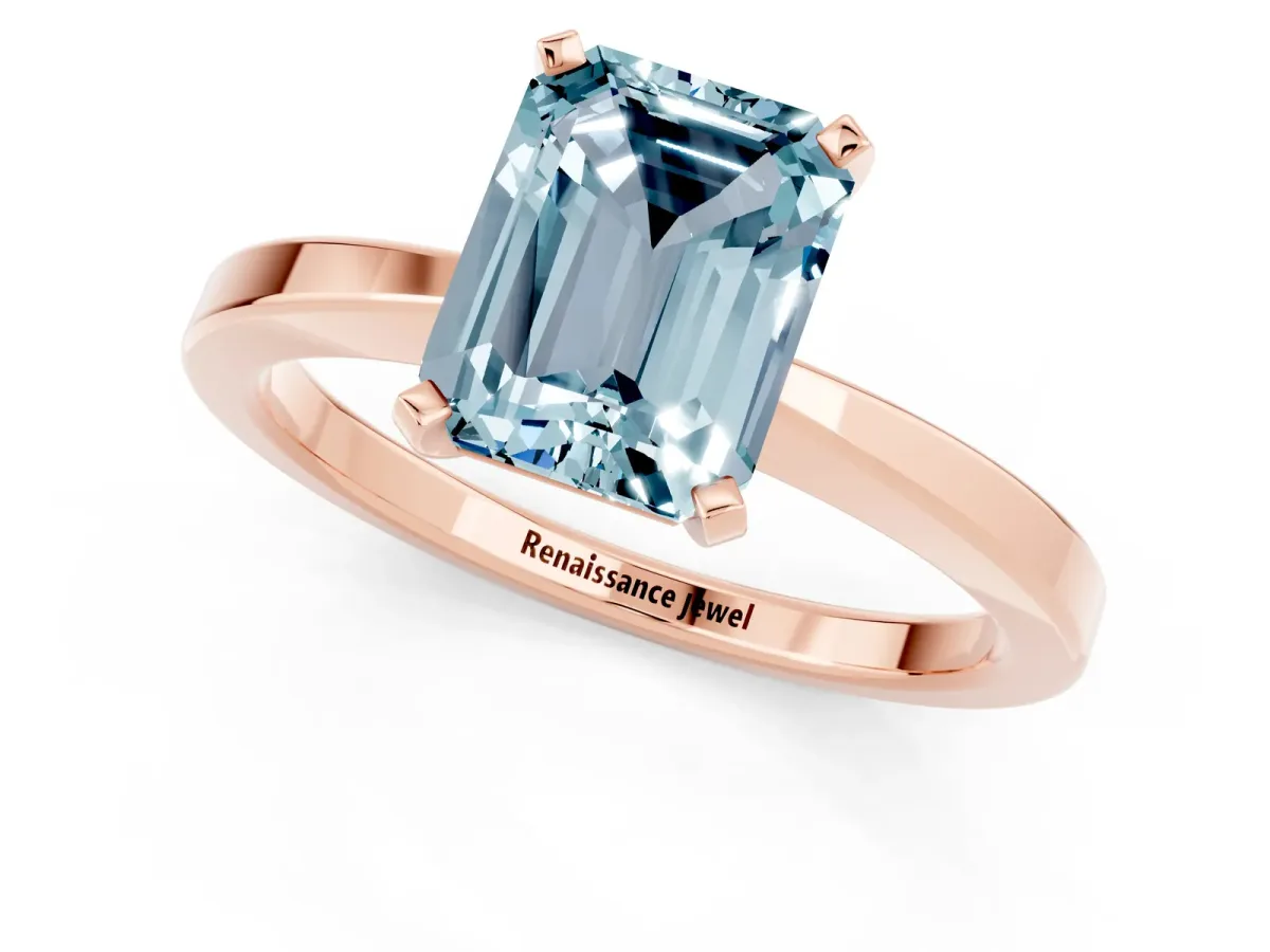 Emerald Cut Aquamarine Solitaire Engagement Ring with Classic Band and Four-Prong Setting Rose gold