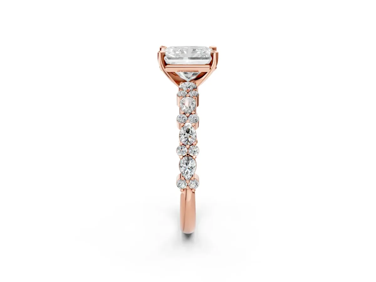 Radiant Cut Diamond Side Stone Solitaire Ring with Round and Four-Prong Setting Rose gold