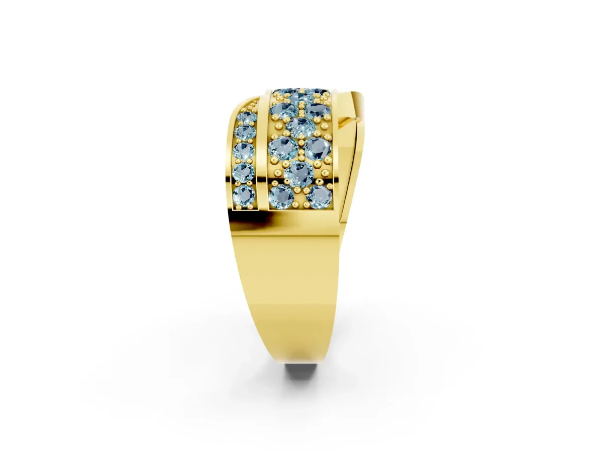 Pavé Round Aquamarine Crossover Band with Bead Prong Setting Yellow gold