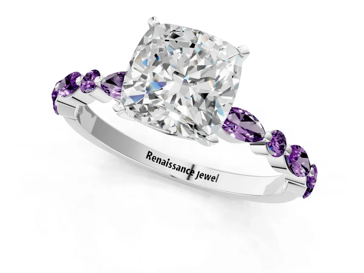 Cushion Cut Diamond Ring with Marquise and Round Amethyst Side Stones and Four-Prong Setting Platinum