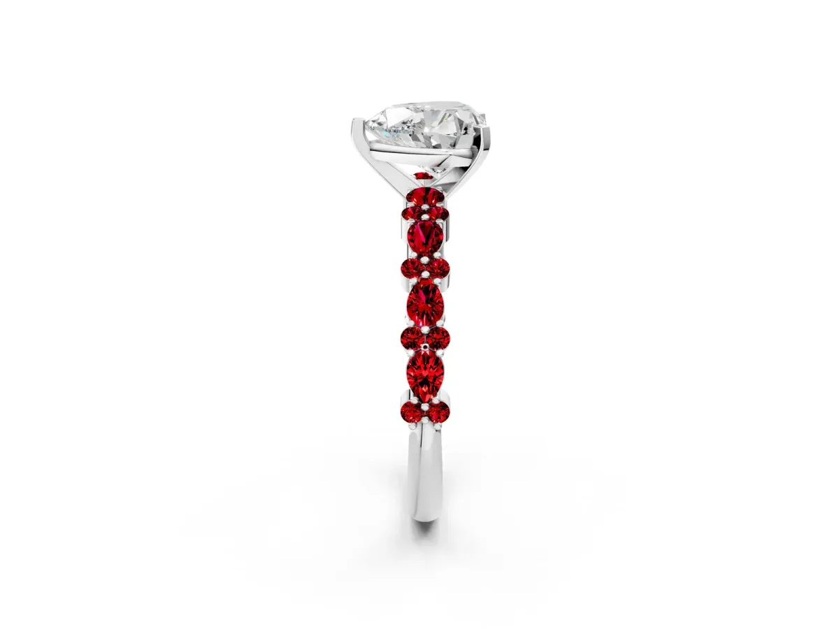 Heart Cut Diamond Side Stone Solitaire Ring with Round Ruby and Four-Prong Setting Platinum