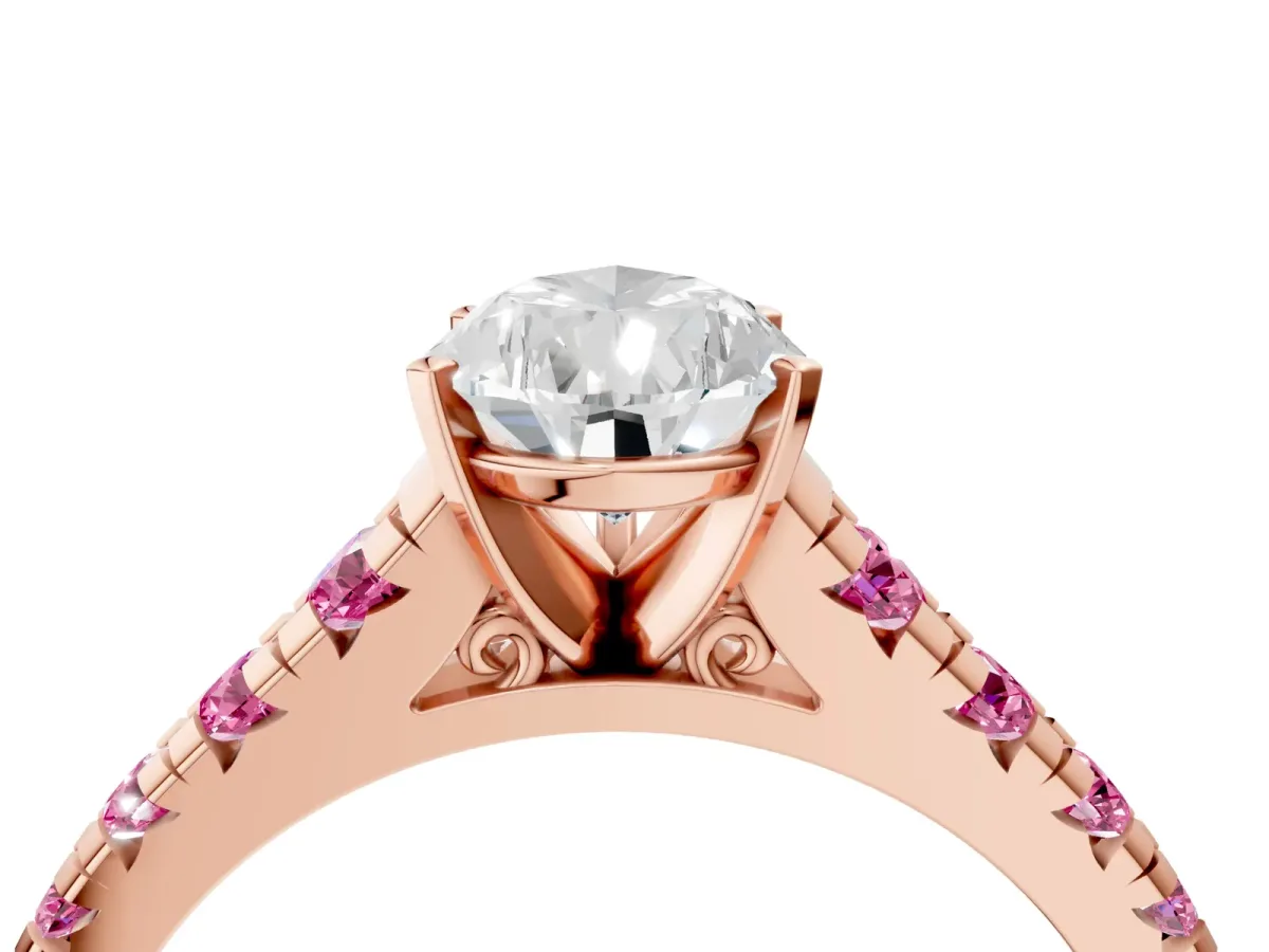 Pear Cut Diamond Cathedral Solitaire Ring with Round Pink Sapphire Pavé Band Rose gold