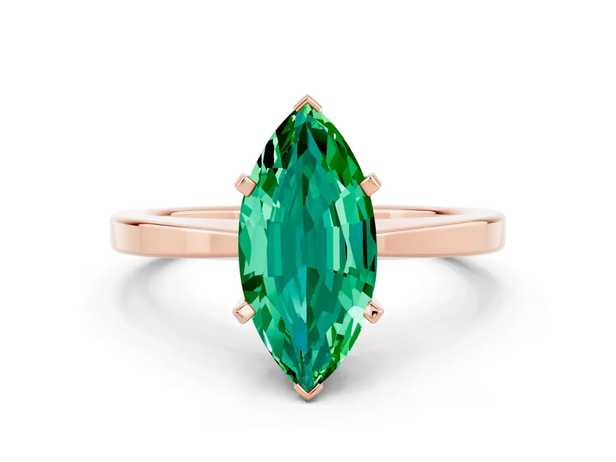 Marquise Cut Emerald Solitaire Engagement Ring with Classic Band and Four-Prong Setting Rose gold