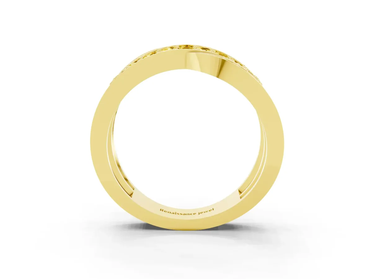Pavé Round Yellow Sapphire Crossover Band with Bead Prong Setting Yellow gold