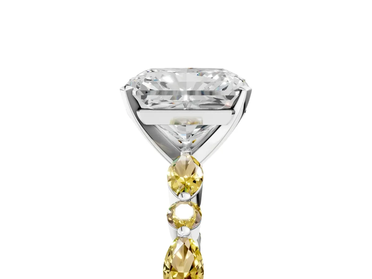 Radiant Cut Diamond Ring with Marquise and Round Yellow Sapphire Side Stones and Four-Prong Setting Silver