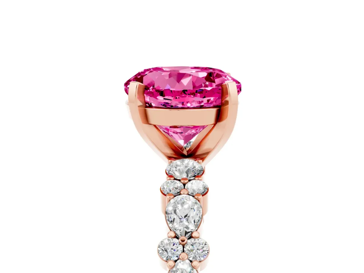 Round Cut Pink Sapphire Side Stone Solitaire Ring with Round and Four-Prong Setting Rose gold