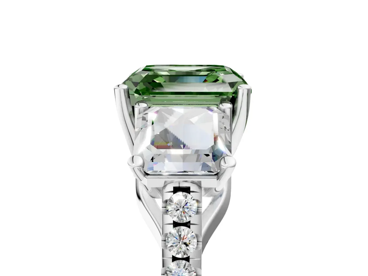 Fancy Green Three-Stone Asscher Cut Diamond Ring with Round Pavé Band and Prong Setting White gold