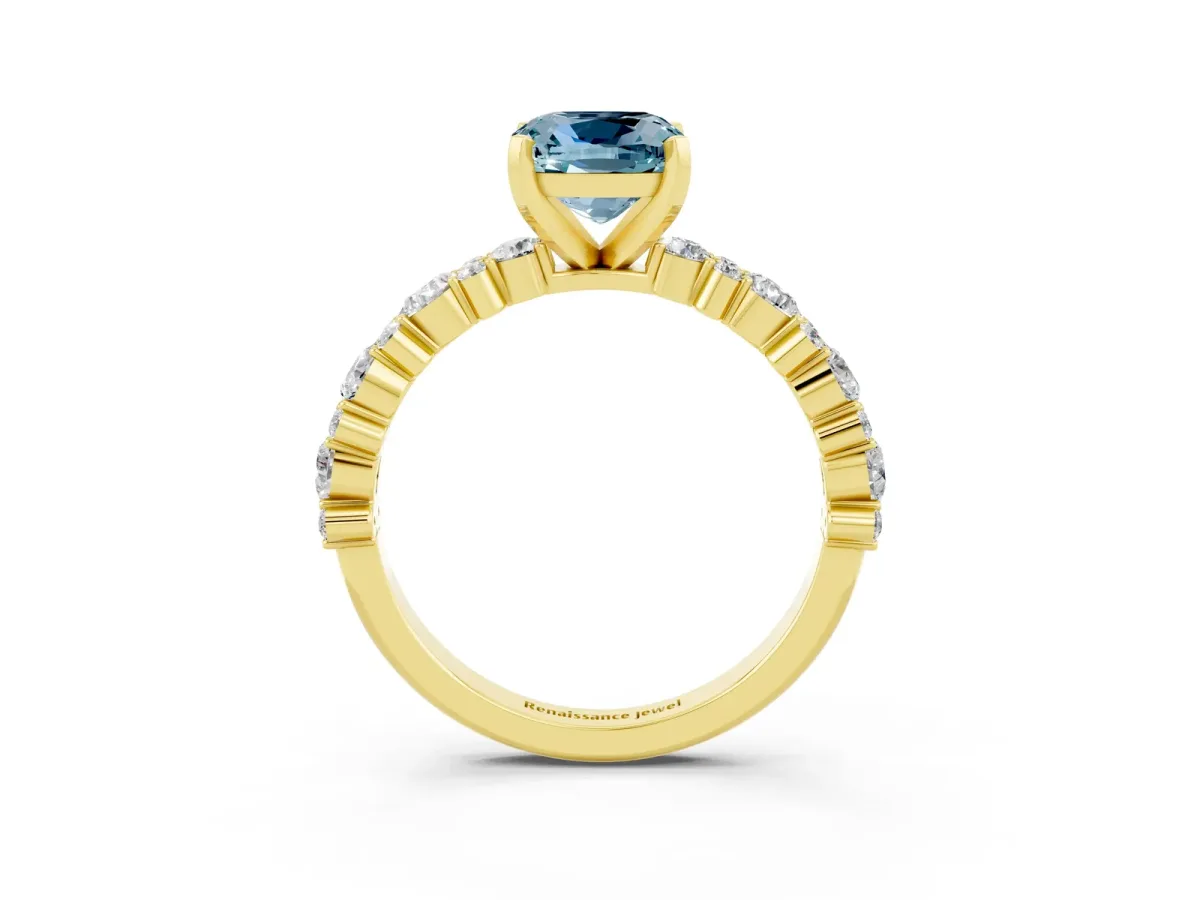 Cushion Cut Aquamarine Side Stone Solitaire Ring with Round and Four-Prong Setting Yellow gold