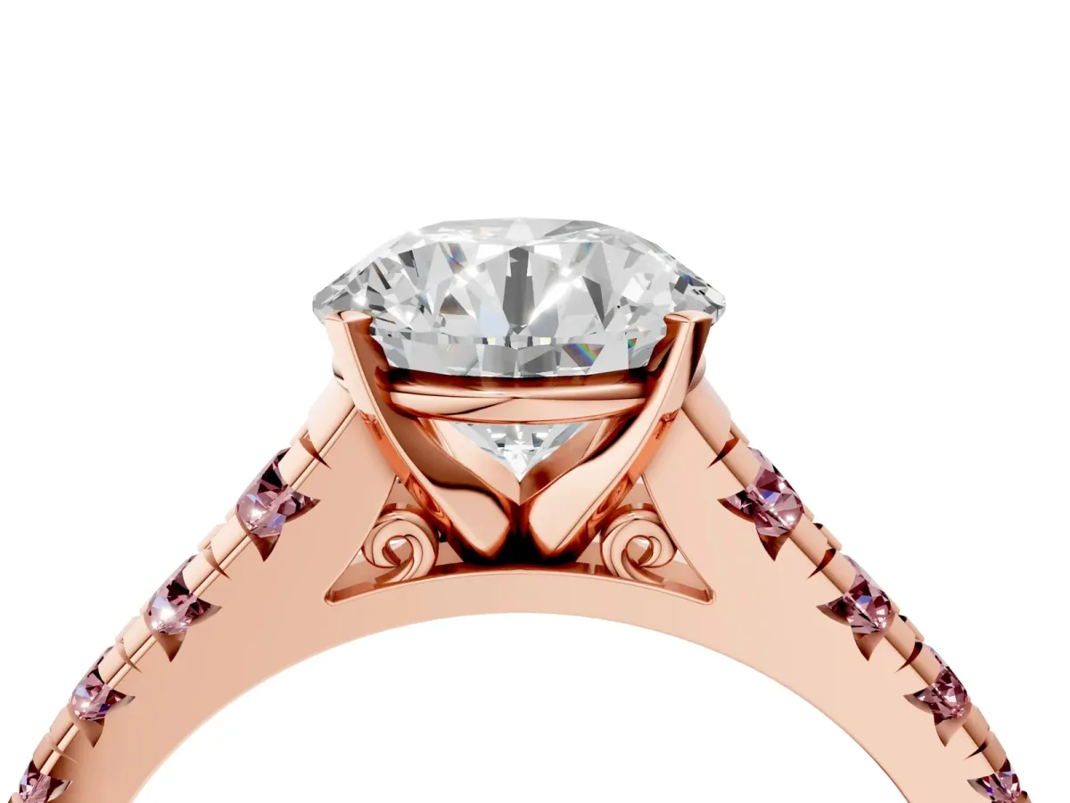 Round Cut Diamond Cathedral Solitaire Ring with Round Morganite Pavé Band Rose gold