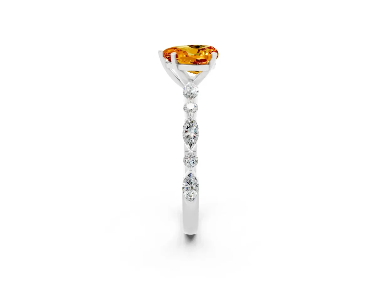 Heart Cut Citrine Ring with Marquise and Round Side Stones and Four-Prong Setting Platinum
